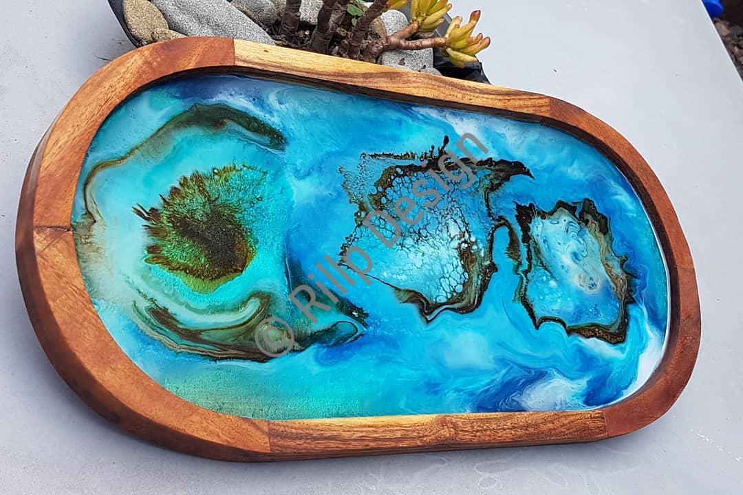 Blue Fish Resin and Wood platter approximately 20cm x 40cm available now